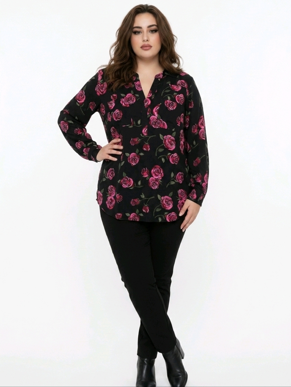 Torrid Black Floral Top with Pink Rose Print - Picture 3 of 3